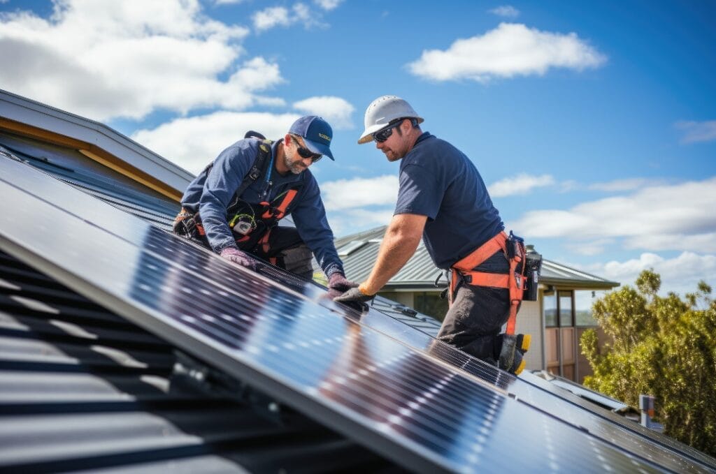 Arbeiter montieren Solarpaneele auf dem Dach, Workers mount solar panels on the roof