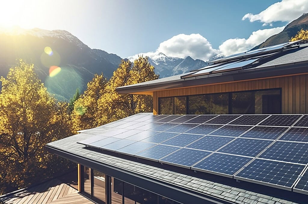 Solarpaneele auf modernem Haus, sonniger Tag, Herbstbäume, Bergkulisse und blauer Himmel.