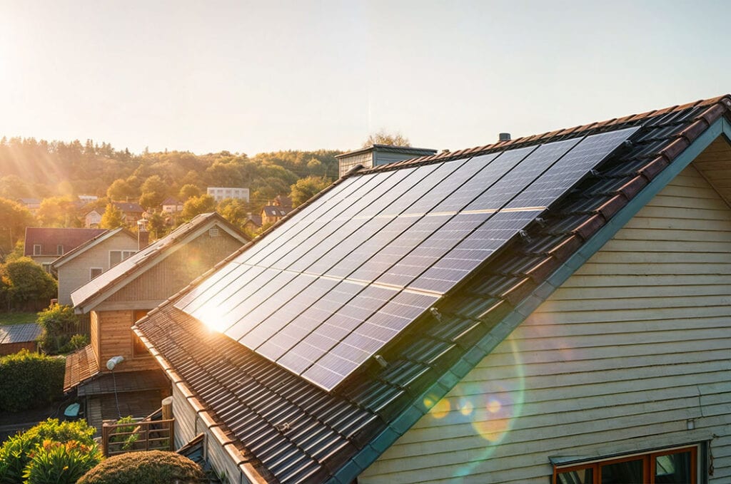 Ein Haus mit Solarmodulen auf dem Dach in einer sonnigen Landschaft. Warmes Licht der Sonne.