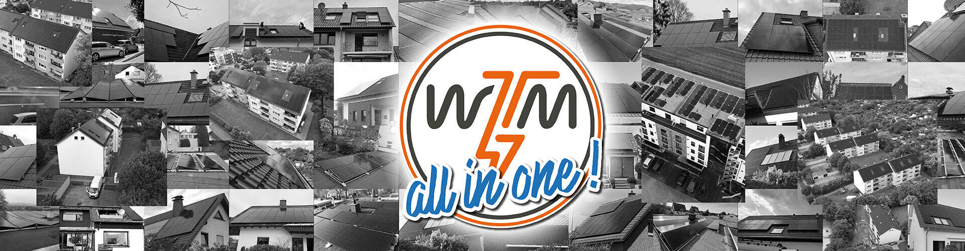 Collage von Gebäuden mit Solaranlagen, schwarz-weiß, zentrales Logo mit Text "all in one!"