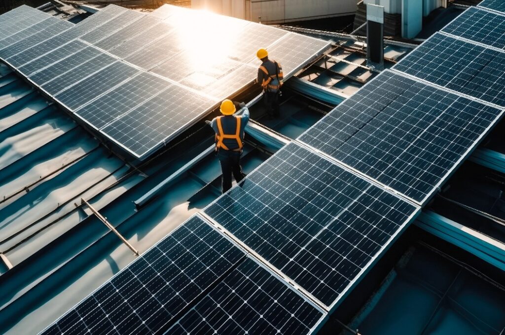 Ingenieure bei der Installation von Photovoltaik-Solarzellen.