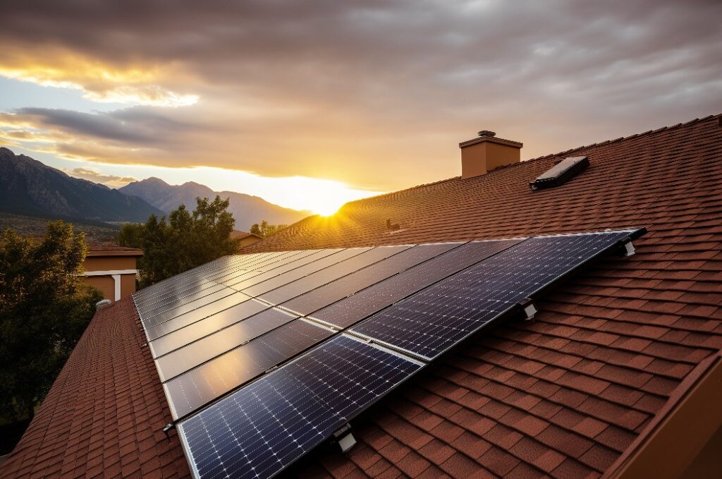 Solardach auf einem Haus. Solaranlage auf dem Dach angebracht zur Ökostrom Gewinnung.